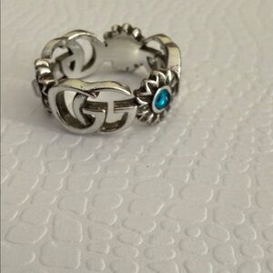 Gucci Silver Floral Ring with Blue Gemstone